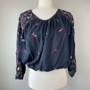 Free People Navy Floral Embroidered Blouse